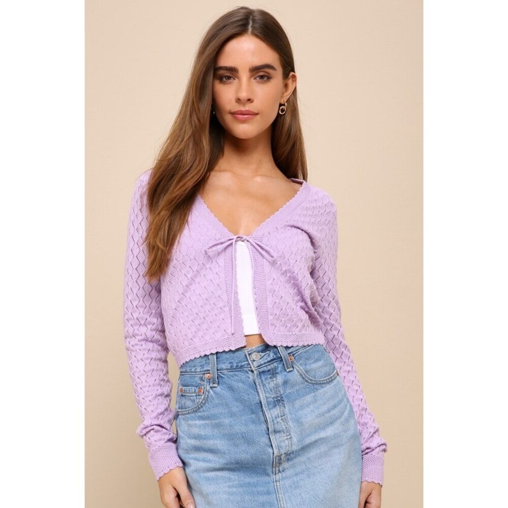 Lulus Darling Pick Lavender Pointelle Knit Cropped Cardigan Sweater Purple